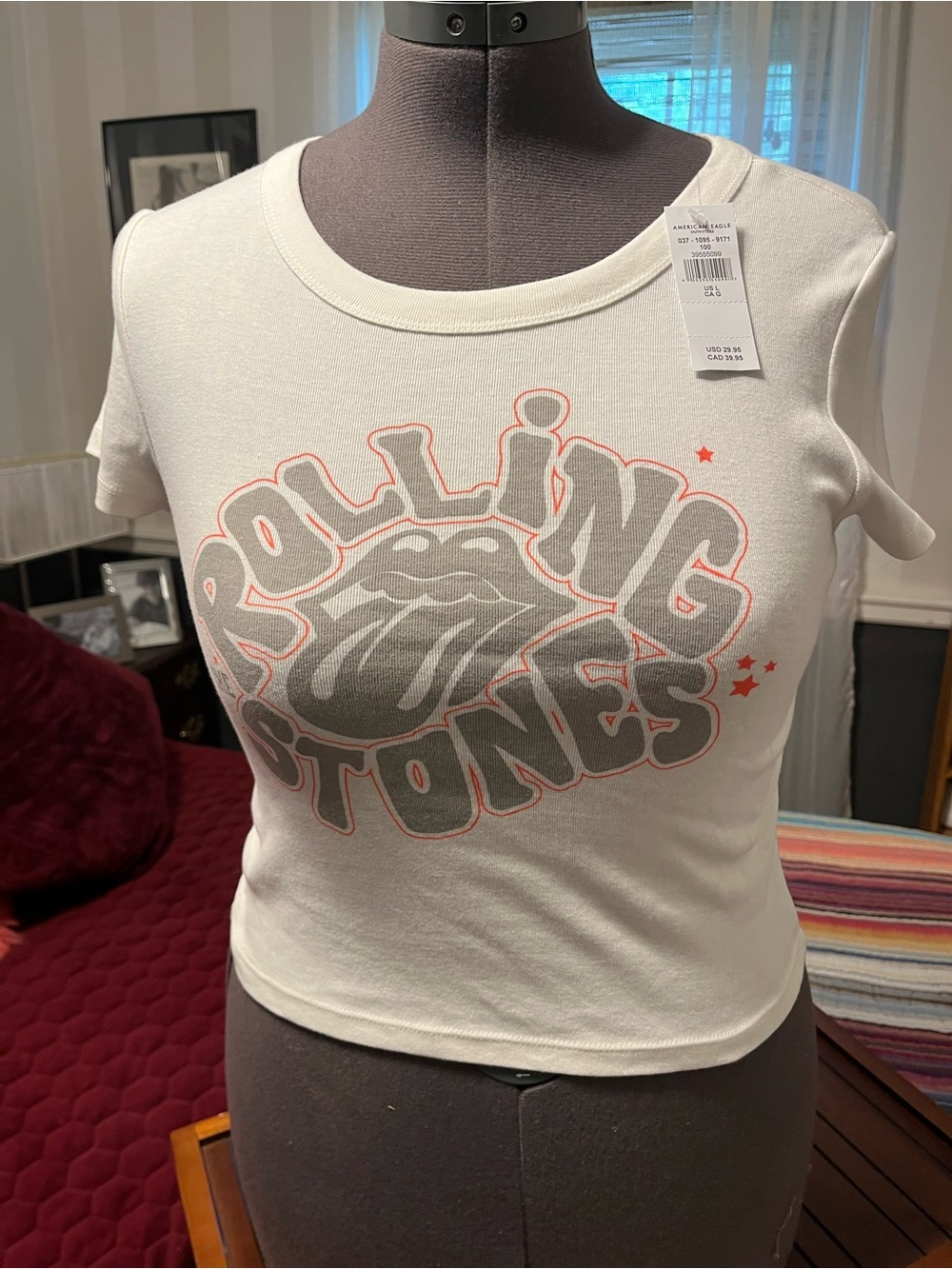 American Eagle Outfitters White Graphic Rolling Stone T Gray & Orange Accents